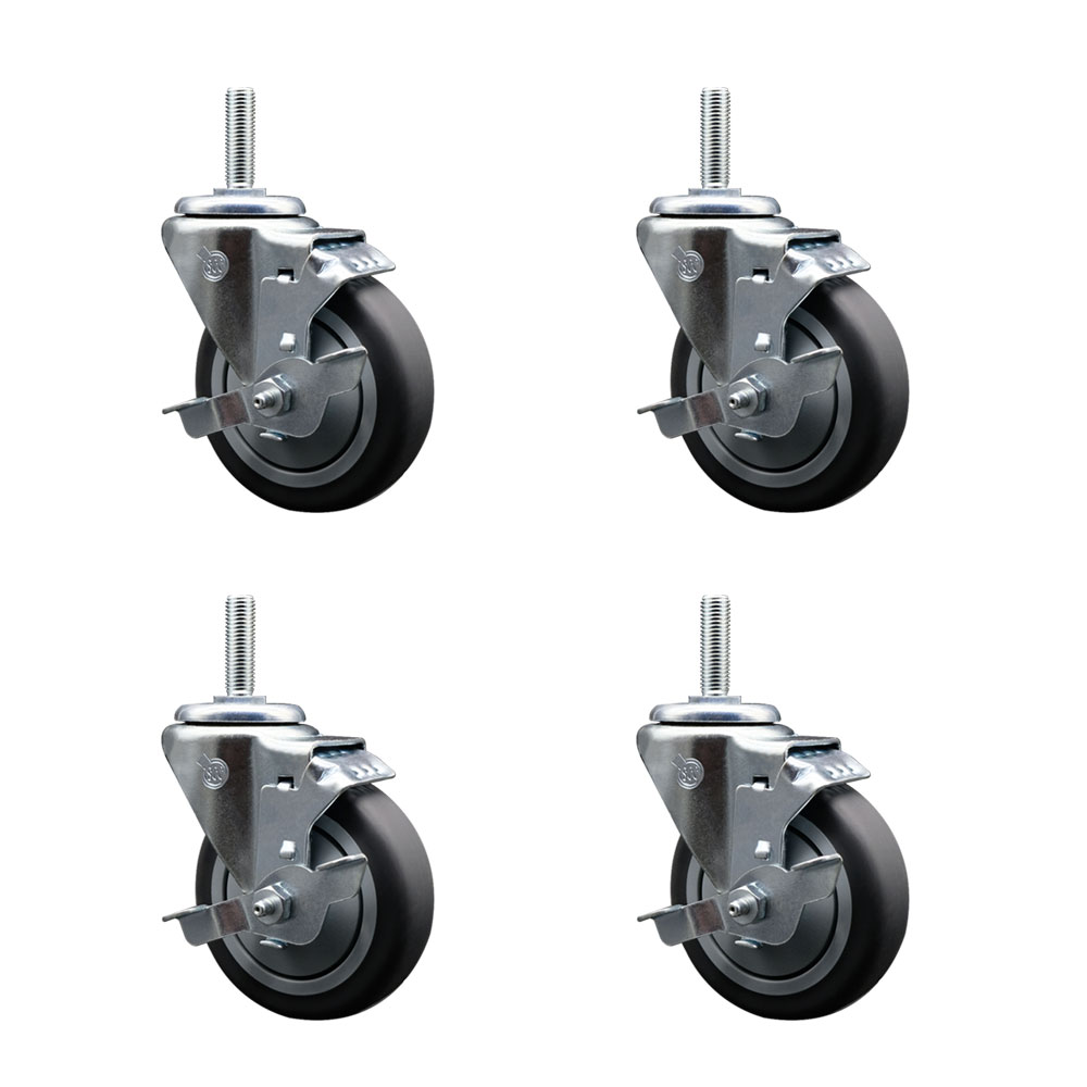 Thermoplastic Rubber Swivel Threaded Stem Caster Set of 4 w/4" x 1.25" Gray Wheels and 5/8" Stems - Includes 4 with Top Lock Brakes - 1000 lbs Total Capacity - Service Caster Brand — photo 1