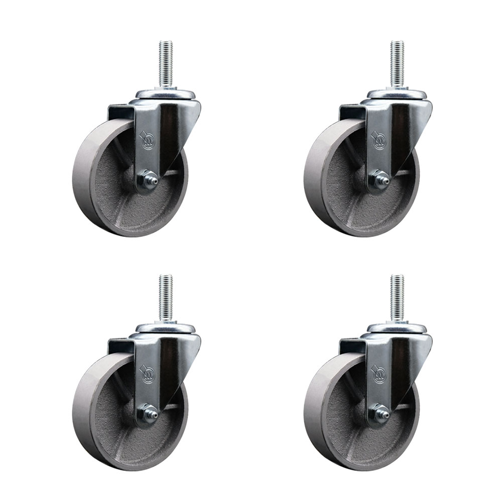 Semi Steel Cast Iron Swivel Threaded Stem Caster w/Roller Bearing Set of 4 w/4" x 1.5" Silver Wheels and 3/4" Stems - Includes 4 with Posi Lock Brakes - 1200 lbs Total Capacity - Service Caster Brand — photo 1