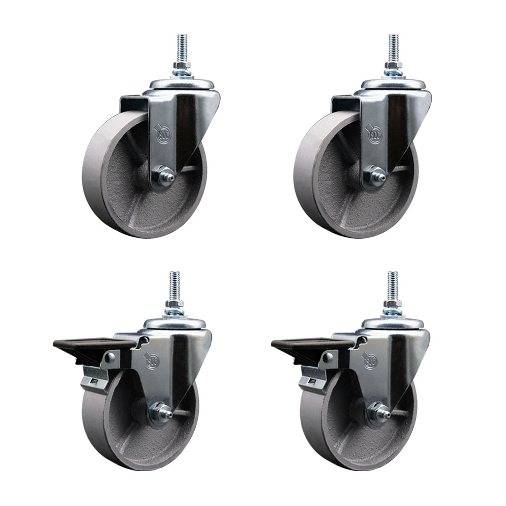 Semi Steel Cast Iron Swivel Threaded Stem Caster Set of 4 w/Roller Bearing - 4" x 1.25" Silver Wheels and 3/8" Stems - Includes 2 with Posi Locking Brake -1200lbs Total Capacity - Service Caster Brand — photo 1