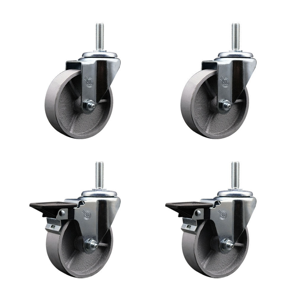 Semi Steel Cast Iron Swivel Threaded Stem Caster Set of 4 w/Roller Bearing - 4" x 1.5" Silver Wheels and 5/8" Stems - Includes 2 with Posi Locking Brake - 1200lbs Total Capacity - Service Caster Brand — photo 1
