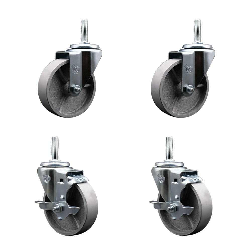 Semi Steel Cast Iron Swivel Threaded Stem Caster Set of 4  - 4" x 1.25" Silver Wheels and 5/8" Stems - Includes 2 with Top Locking Brake - 1200 lbs Total Capacity - Service Caster Brand — photo 1