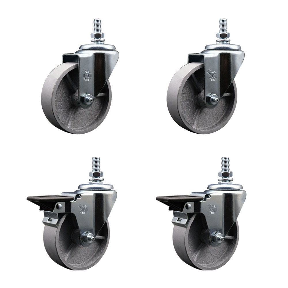 Semi Steel Cast Iron Swivel Threaded Stem Caster Set of 4 w/Roller Bearing - 4" x 1.5" Silver Wheels and 10MM Stems - Includes 2 with Posi Locking Brake - 1200lbs Total Capacity - Service Caster Brand — photo 1