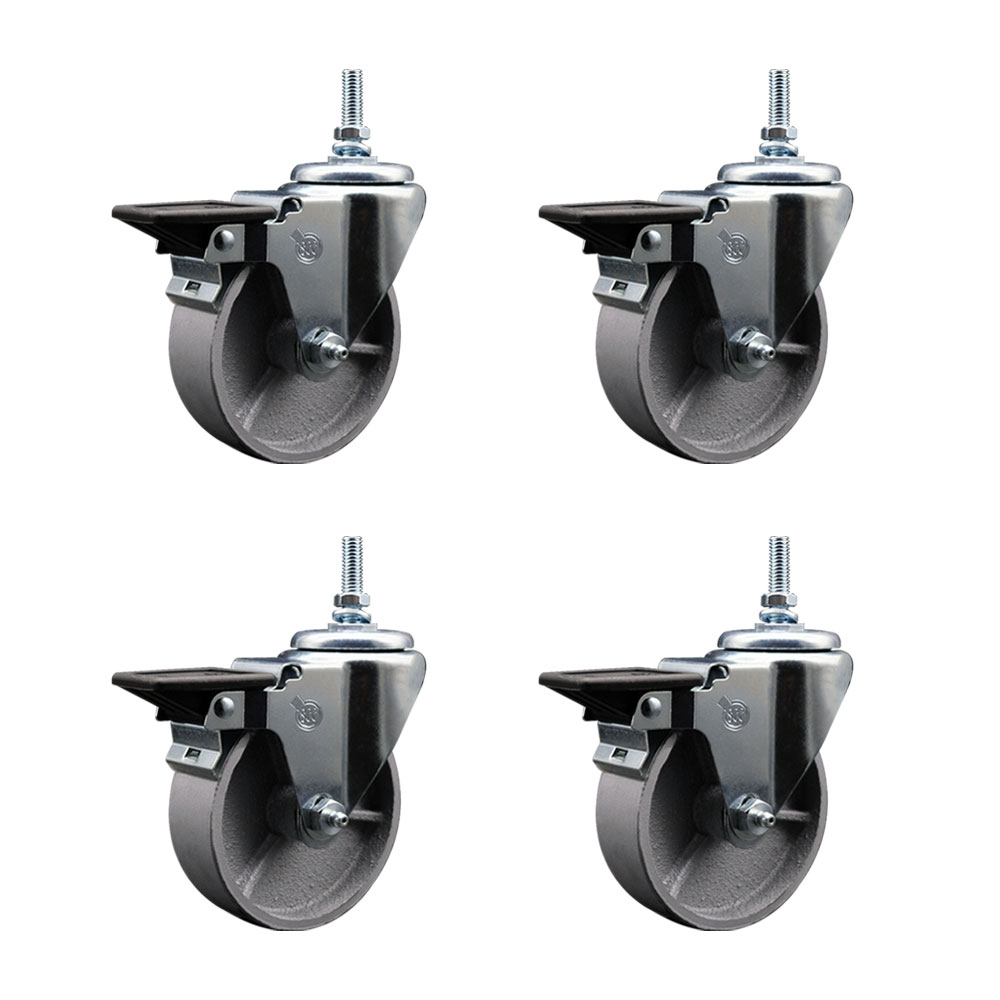 Semi Steel Cast Iron Swivel Threaded Stem Caster w/Roller Bearing Set of 4 w/4" x 1.25" Silver Wheels and 3/8" Stems - Includes 4 with Posi Lock Brakes - 1200 lbs Total Capacity - Service Caster Brand — photo 1
