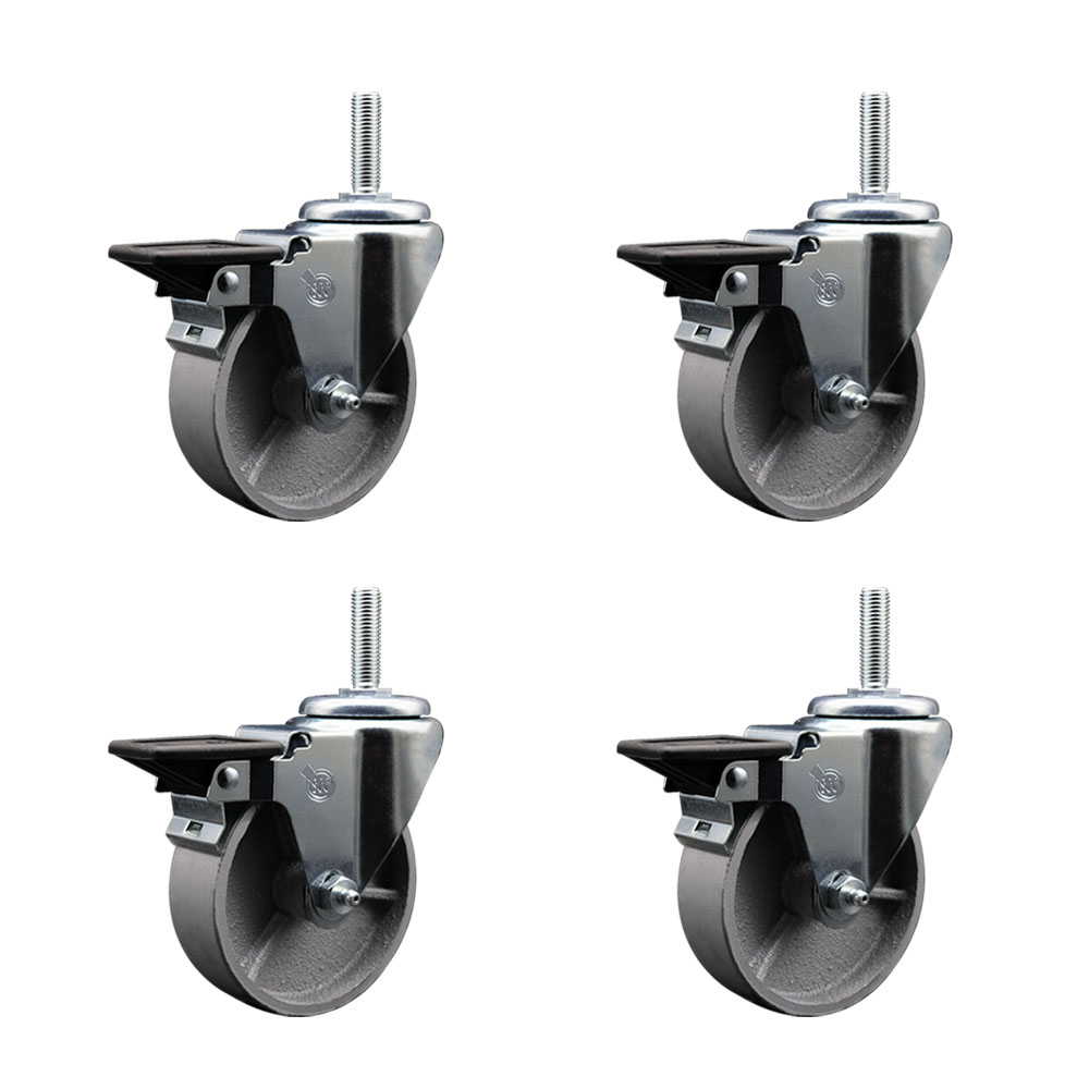 Semi Steel Cast Iron Swivel Threaded Stem Caster w/Roller Bearing Set of 4 w/4" x 1.5" Silver Wheels and 5/8" Stems - Includes 4 Swivel - 1200 lbs Total Capacity - Service Caster Brand — photo 1