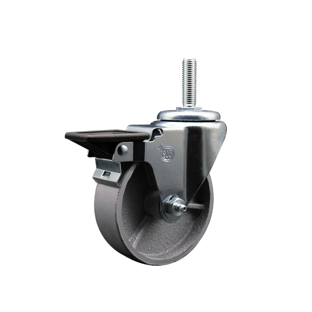 Semi Steel Cast Iron Swivel Threaded Stem Caster w/Roller Bearing - 4" x 1.5" Silver Wheel and 5/8" Stem & Posi Locking Brake - 300 lbs Capacity/Caster - Service Caster Brand — photo 1
