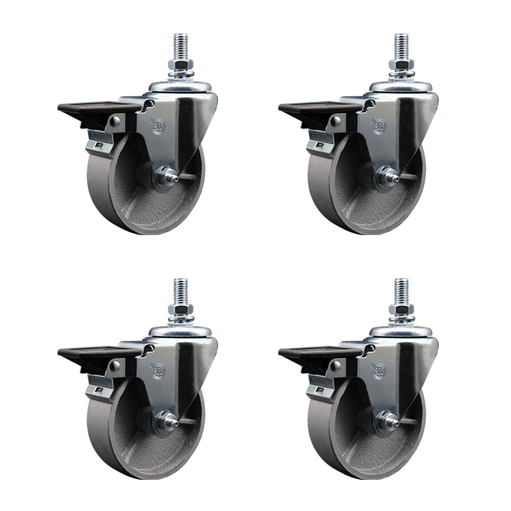 Semi Steel Cast Iron Swivel Threaded Stem Caster w/Roller Bearing Set of 4 w/4" x 1.25" Silver Wheels and 10MM Stems - Includes 4 with Posi Lock Brakes - 1200 lbs Total Capacity - Service Caster Brand — photo 1
