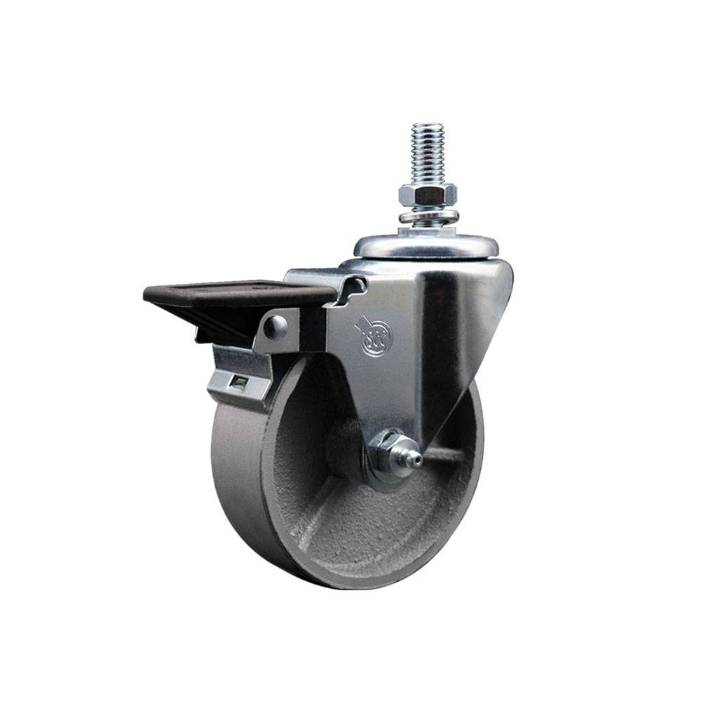 Semi Steel Cast Iron Swivel Threaded Stem Caster w/Roller Bearing - 4" x 1.25" Silver Wheel and 12MM Stem & Posi Locking Brake - 300 lbs Capacity/Caster - Service Caster Brand — photo 1