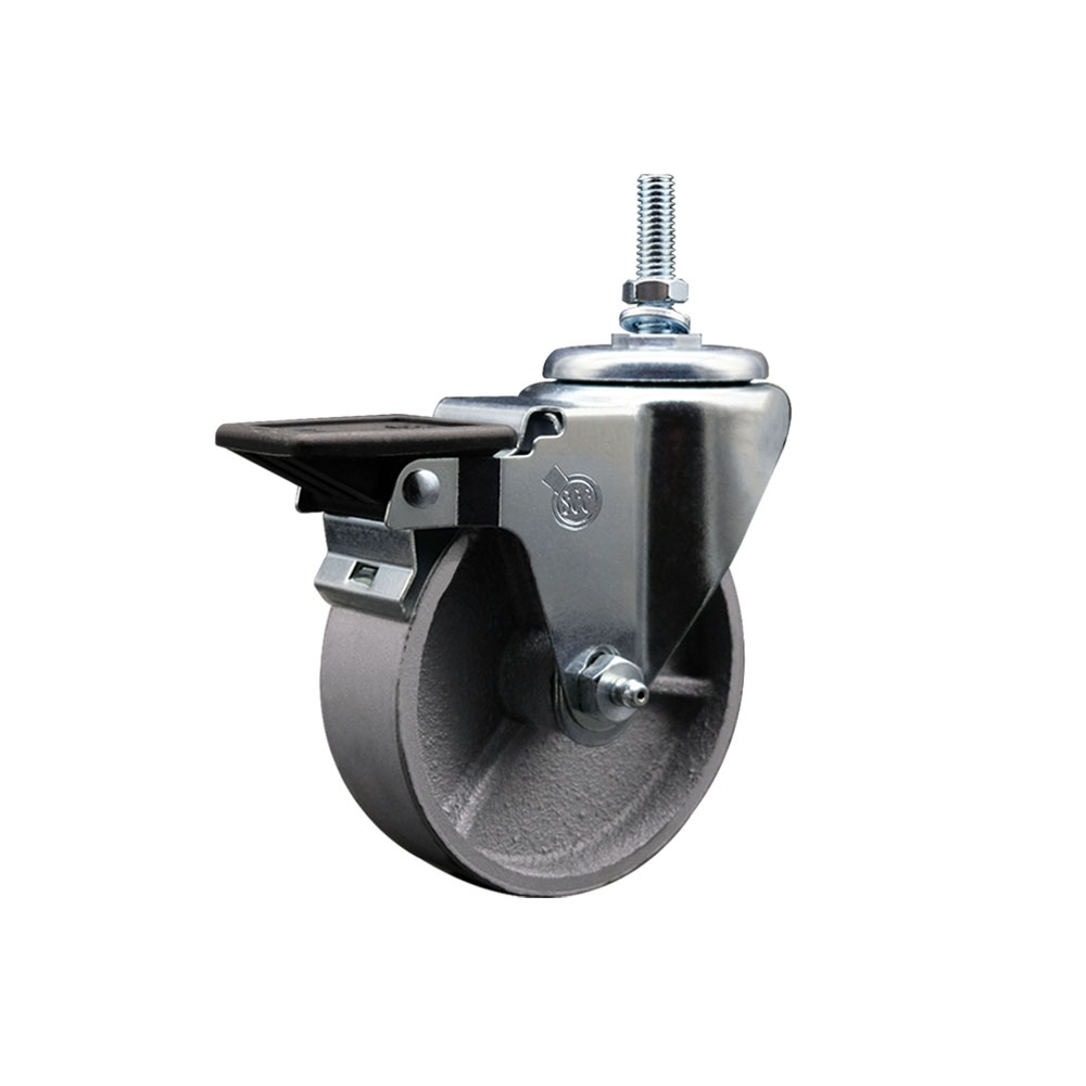 Semi Steel Cast Iron Swivel Threaded Stem Caster w/Roller Bearing - 4" x 1.5" Silver Wheel and 12MM Stem & Posi Locking Brake - 300 lbs Capacity/Caster - Service Caster Brand — photo 1