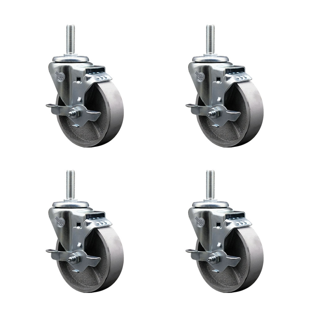 Semi Steel Cast Iron Swivel Threaded Stem Caster w/Roller Bearing Set of 4 w/4" x 1.5" Silver Wheels and 3/4" Stems - Includes 4 with Top Lock Brakes - 1200 lbs Total Capacity - Service Caster Brand — photo 1