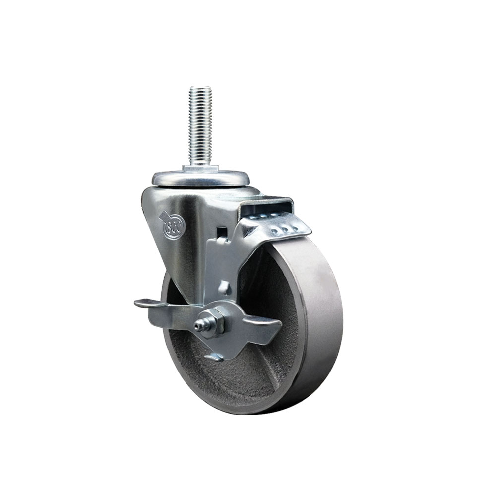 Semi Steel Cast Iron Swivel Threaded Stem Caster w/Roller Bearing - 4" x 1.5" Silver Wheel and 3/4" Stem & Top Locking Brake - 300 lbs Capacity/Caster - Service Caster Brand — photo 1