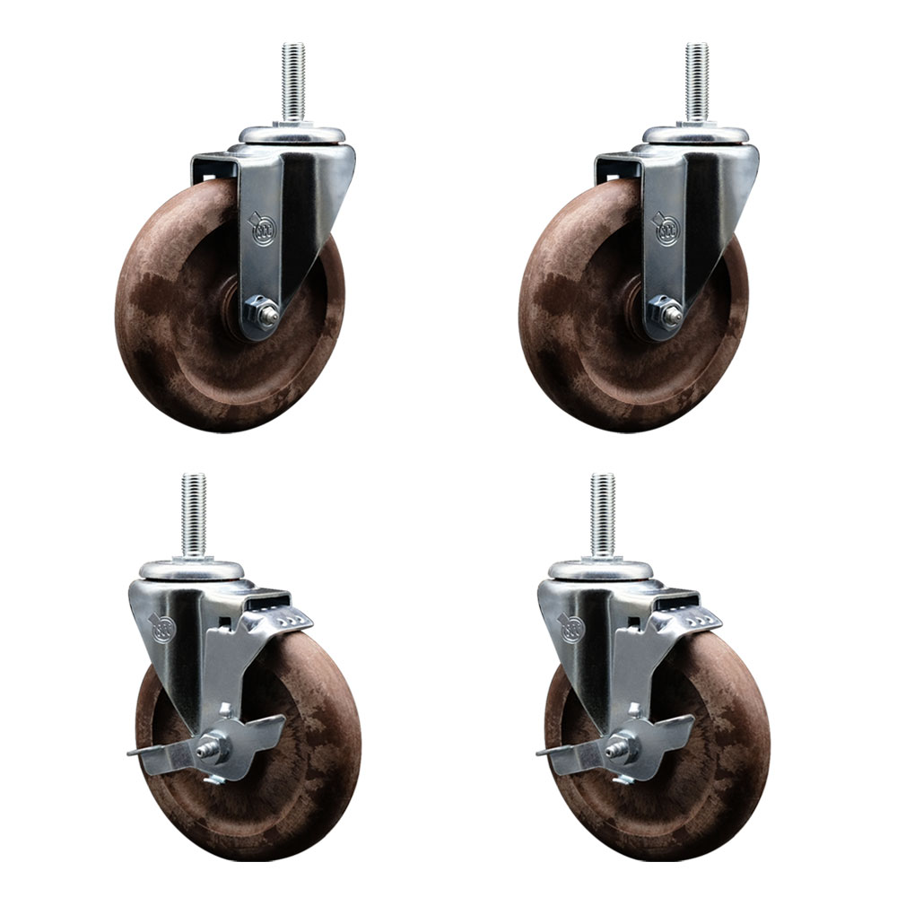 High Temp Glass Filled Nylon Swivel Threaded Stem Caster Set of 4 w/5" x 1.25" Brown Wheels and 3/4" Stems - Includes 2 with Top Locking Brake - 1400 lbs Total Capacity - Service Caster Brand — photo 1