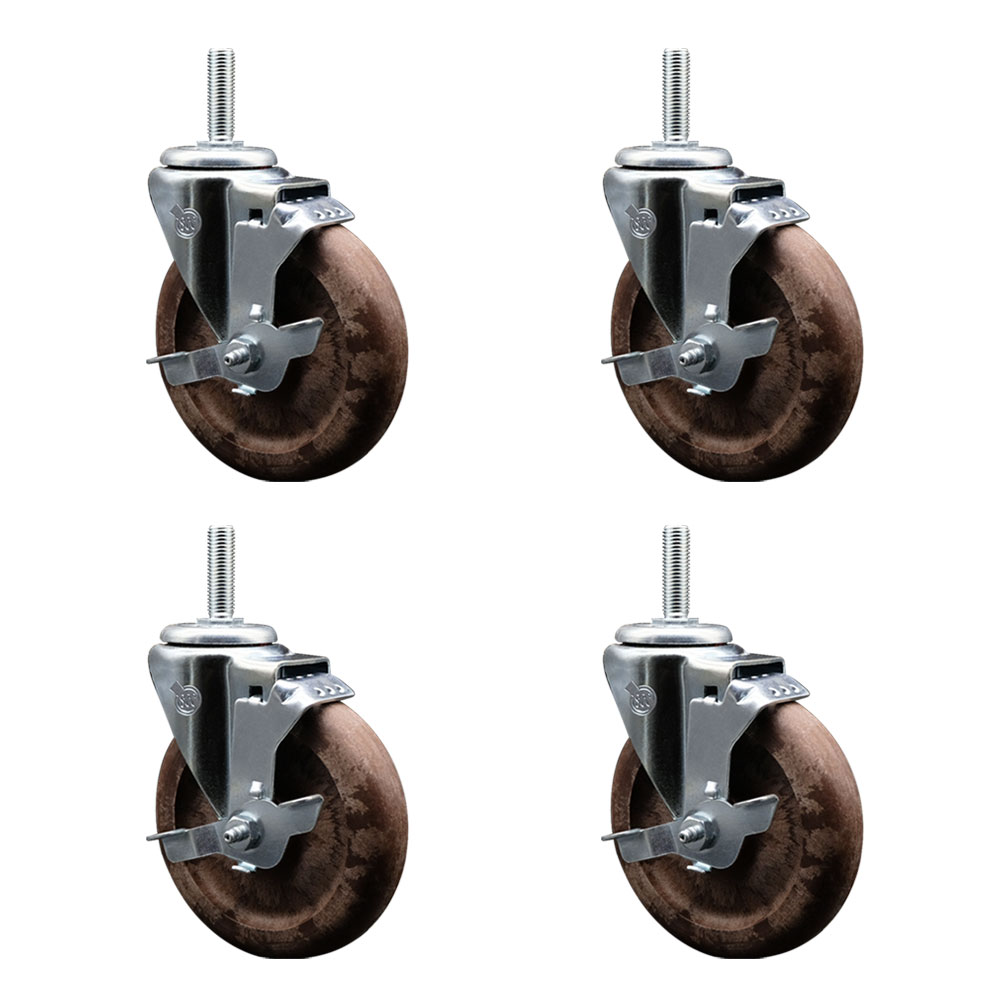 High Temp Glass Filled Nylon Swivel Threaded Stem Caster Set of 4 w/5" x 1.25" Brown Wheels and 5/8" Stems - Includes 4 with Top Lock Brakes - 1400 lbs Total Capacity - Service Caster Brand — photo 1