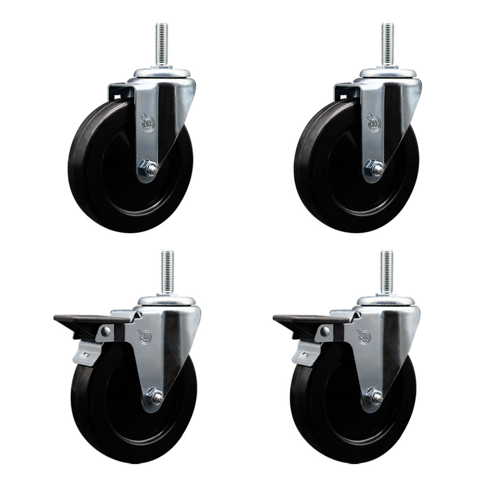 Soft Rubber Swivel Threaded Stem Caster Set of 4 w/5" x 1.25" Black Wheels and 3/4" Stems - Includes 2 with Posi Locking Brake - 1100 lbs Total Capacity - Service Caster Brand — photo 1