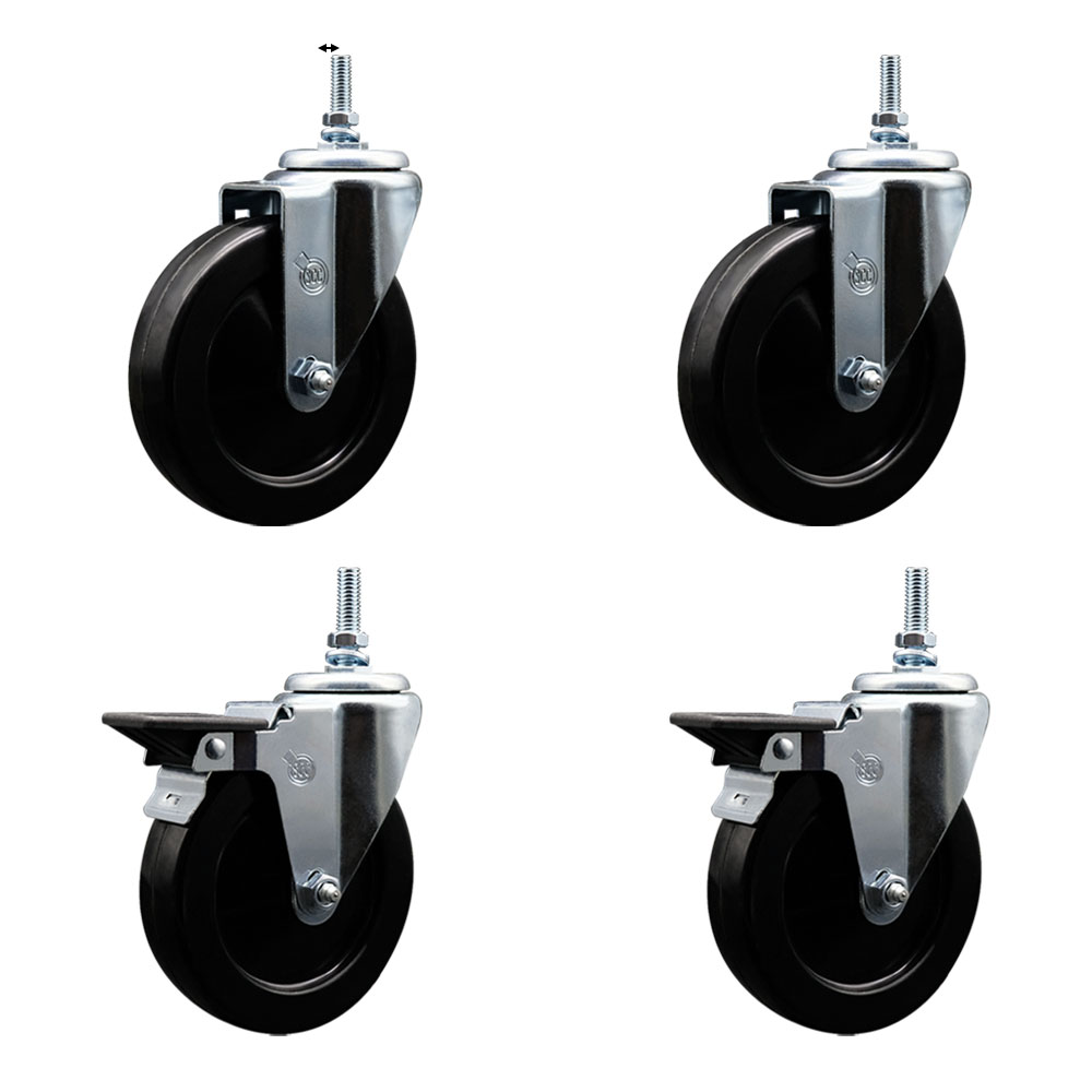 Hard Rubber Swivel Threaded Stem Caster Set of 4 w/5" x 1.25" Black Wheels and 3/8" Stems - Includes 2 with Posi Locking Brake - 1,200 lbs Total Capacity - Service Caster Brand — photo 1