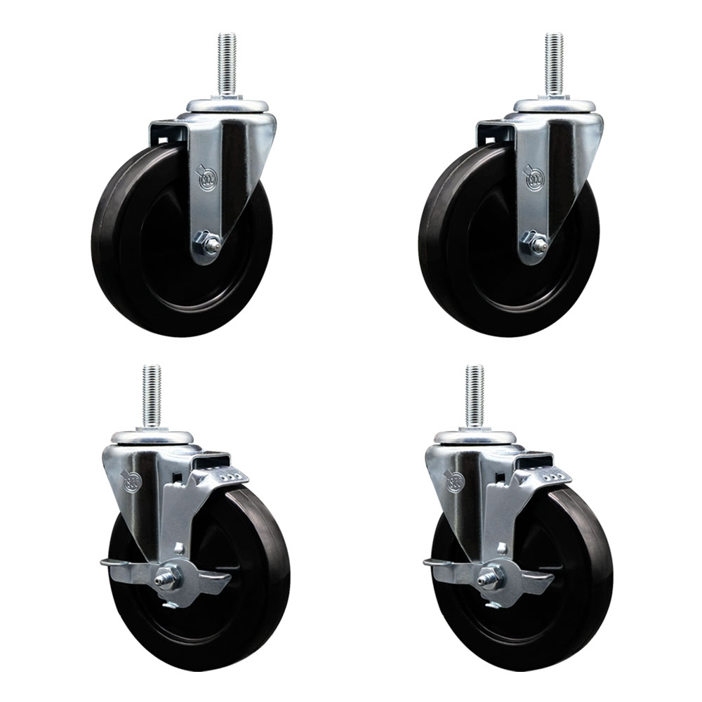 Soft Rubber Swivel Threaded Stem Caster Set of 4 w/5" x 1.25" Black Wheels and 5/8" Stems - Includes 2 with Top Locking Brake - 1100 lbs Total Capacity - Service Caster Brand — photo 1