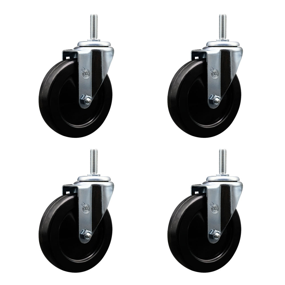 Hard Rubber Swivel Threaded Stem Caster Set of 4 w/5" x 1.25" Black Wheels and 3/4" Stems - Includes 4 Swivel - 1,200 lbs Total Capacity - Service Caster Brand — photo 1