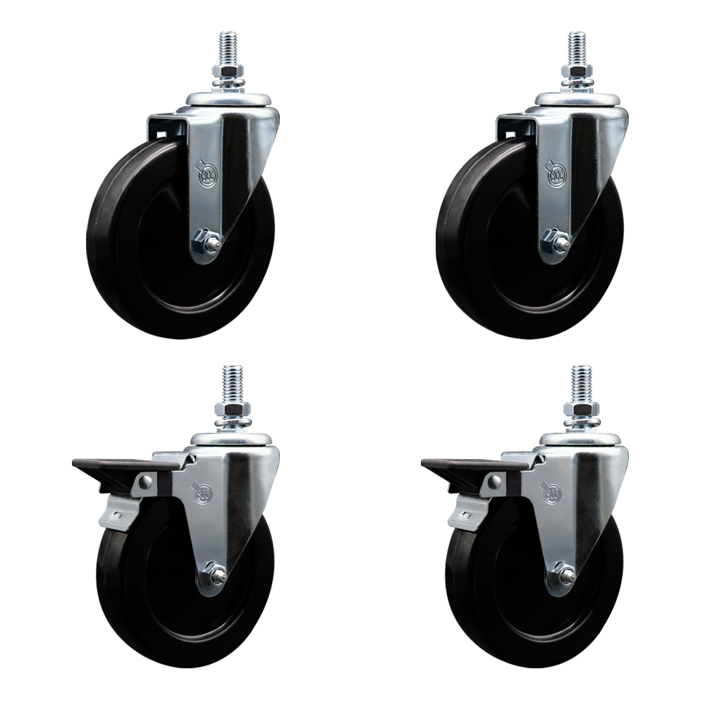 Hard Rubber Swivel Threaded Stem Caster Set of 4 w/5" x 1.25" Black Wheels and 10MM Stems - Includes 2 with Posi Locking Brake - 1,200 lbs Total Capacity - Service Caster Brand — photo 1