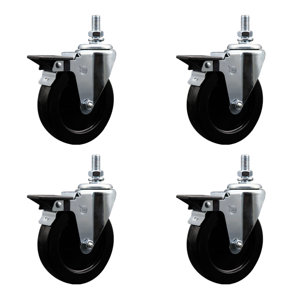 Hard Rubber Swivel Threaded Stem Caster Set of 4 w/5" x 1.25" Black Wheels and 1/2" Stems - Includes 4 with Posi Lock Brakes - 1,200 lbs Total Capacity - Service Caster Brand — photo 1