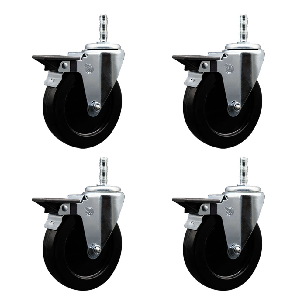 Hard Rubber Swivel Threaded Stem Caster Set of 4 w/5" x 1.25" Black Wheels and 3/4" Stems - Includes 4 with Posi Lock Brakes - 1,200 lbs Total Capacity - Service Caster Brand — photo 1