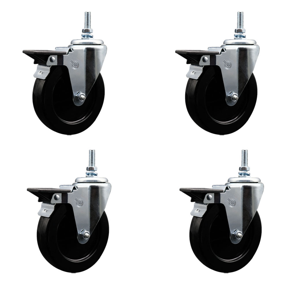 Hard Rubber Swivel Threaded Stem Caster Set of 4 w/5" x 1.25" Black Wheels and 12MM Stems - Includes 4 with Posi Lock Brakes - 1,200 lbs Total Capacity - Service Caster Brand — photo 1