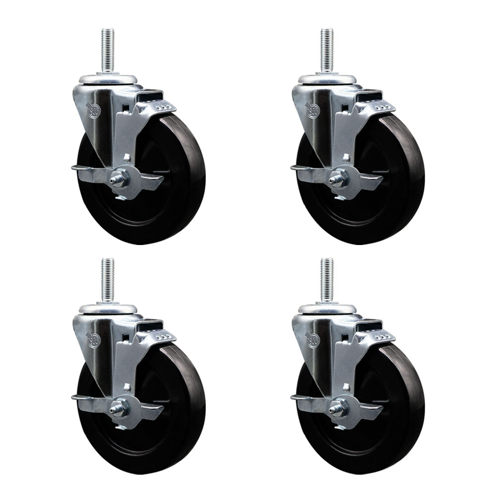 Soft Rubber Swivel Threaded Stem Caster Set of 4 w/5" x 1.25" Black Wheels and 3/4" Stems - Includes 4 with Top Lock Brakes - 1100 lbs Total Capacity - Service Caster Brand — photo 1