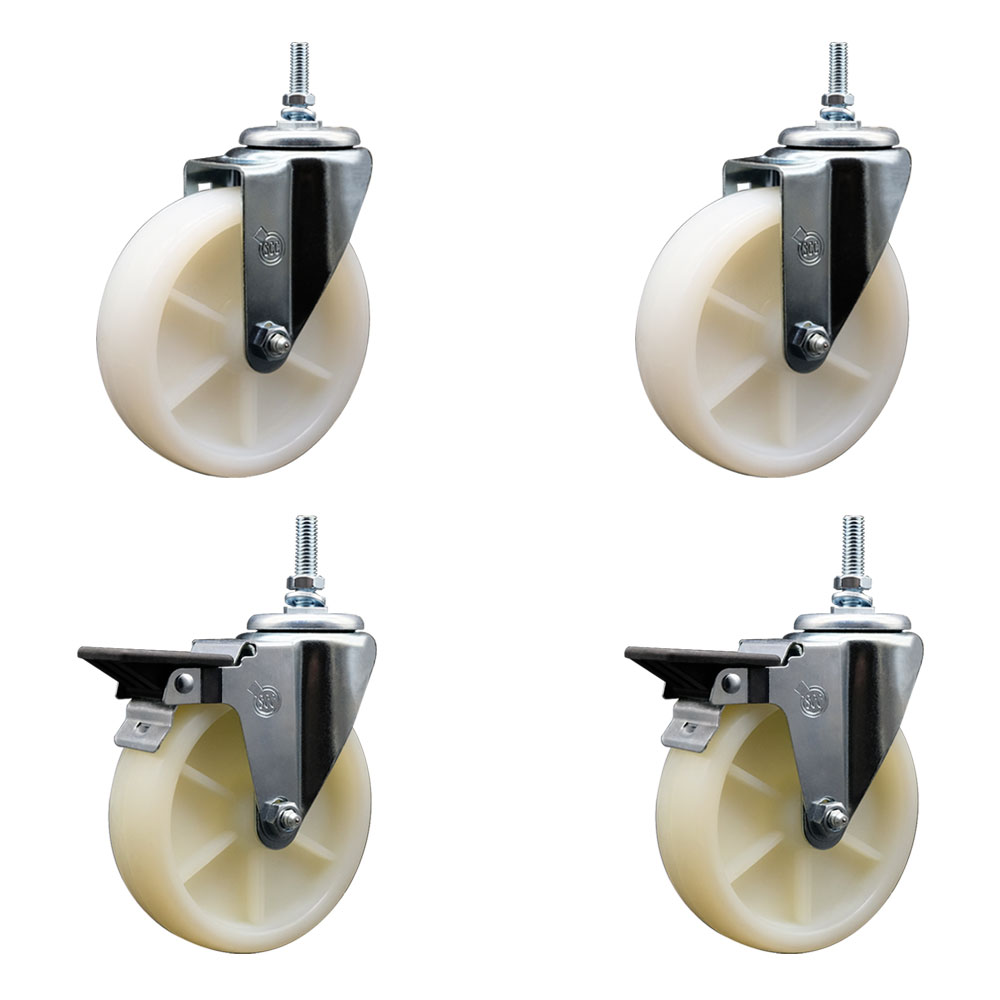 Nylon Swivel Threaded Stem Caster Set of 4 w/5" x 1.25" White Wheels and 3/8" Stems - Includes 2 with Posi Locking Brake - 1200 lbs Total Capacity - Service Caster Brand — photo 1