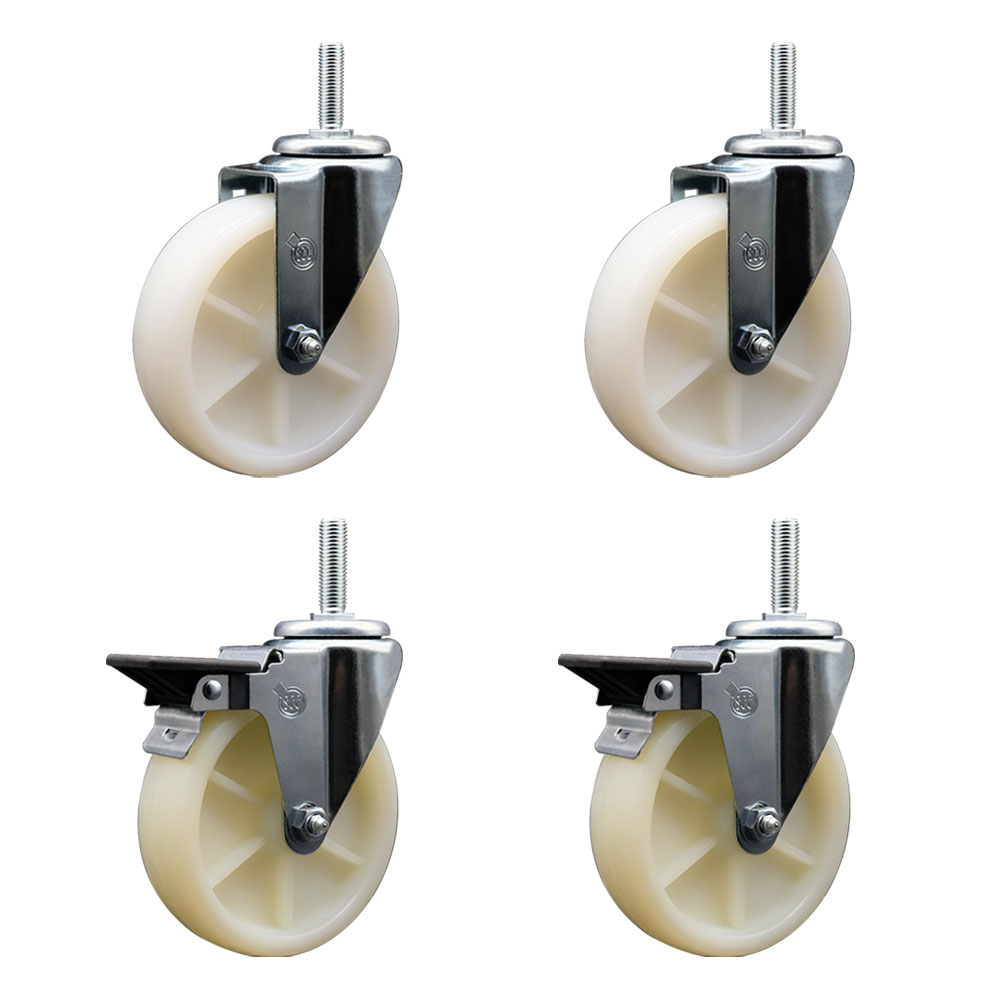 Nylon Swivel Threaded Stem Caster Set of 4 w/5" x 1.25" White Wheels and 5/8" Stems - Includes 2 with Posi Locking Brake - 1200 lbs Total Capacity - Service Caster Brand — photo 1