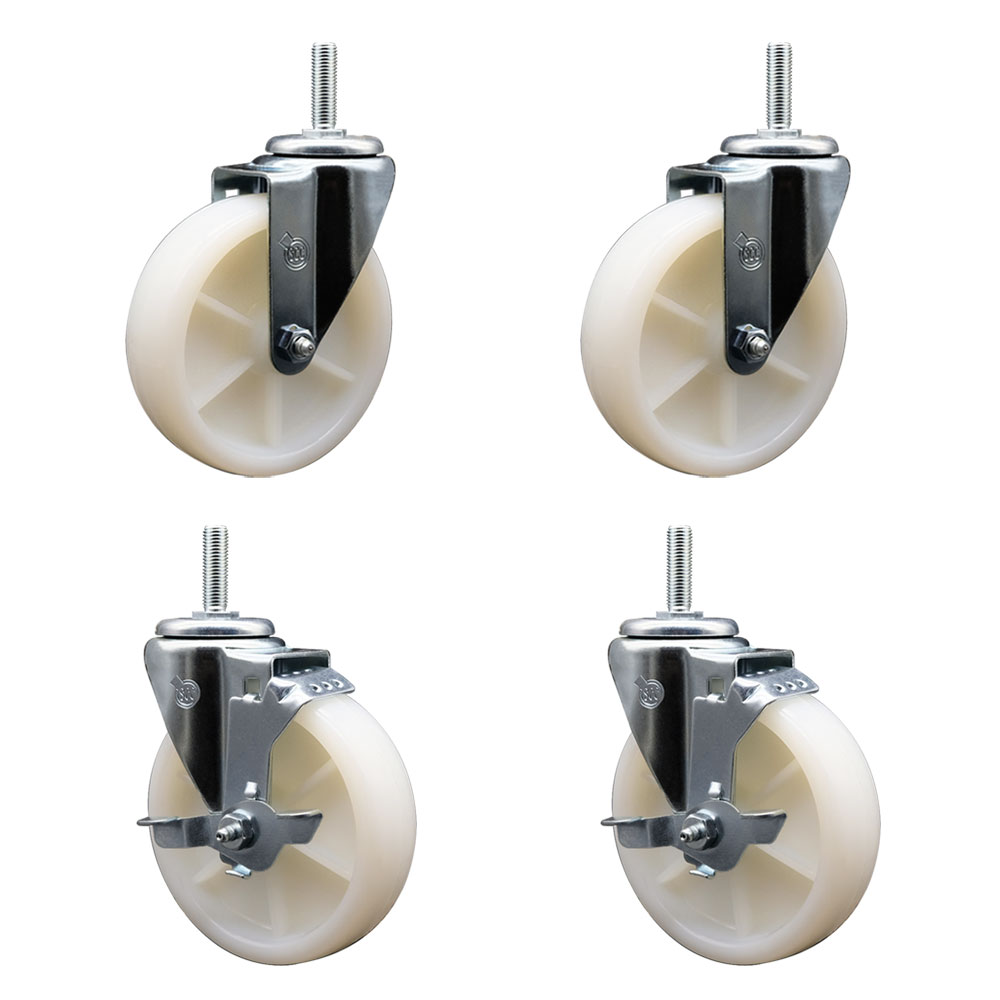Nylon Swivel Threaded Stem Caster Set of 4 w/5" x 1.25" White Wheels and 5/8" Stems - Includes 2 with Top Locking Brake - 1200 lbs Total Capacity - Service Caster Brand — photo 1