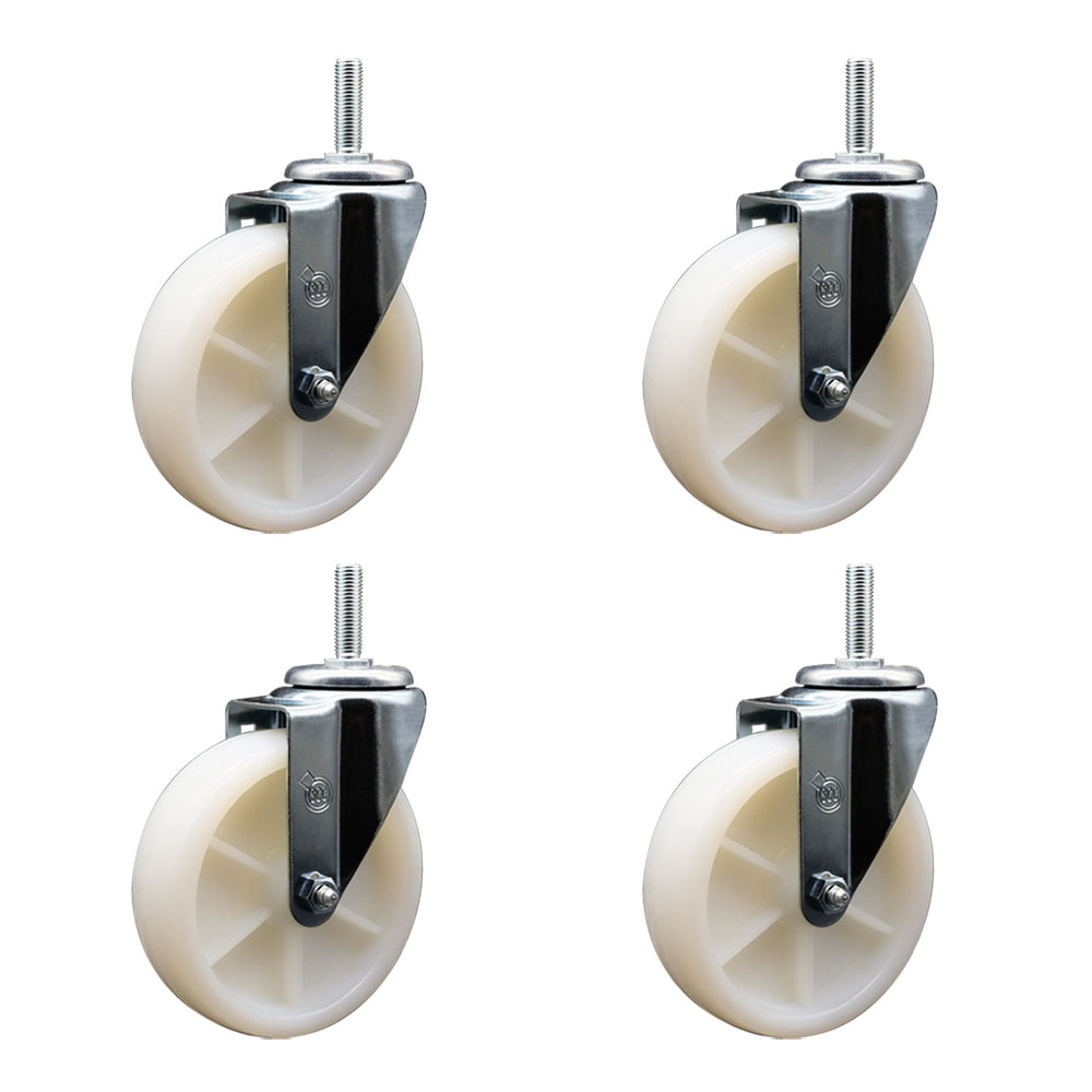 Nylon Swivel Threaded Stem Caster Set of 4 w/5" x 1.25" White Wheels and 1/2" Stems - Includes 4 Swivel - 1200 lbs Total Capacity - Service Caster Brand — photo 1