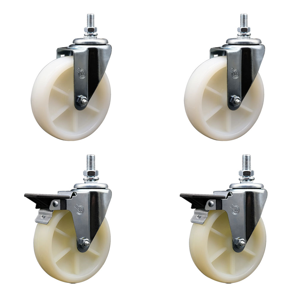Nylon Swivel Threaded Stem Caster Set of 4 w/5" x 1.25" White Wheels and 10MM Stems - Includes 2 with Posi Locking Brake - 1200 lbs Total Capacity - Service Caster Brand — photo 1
