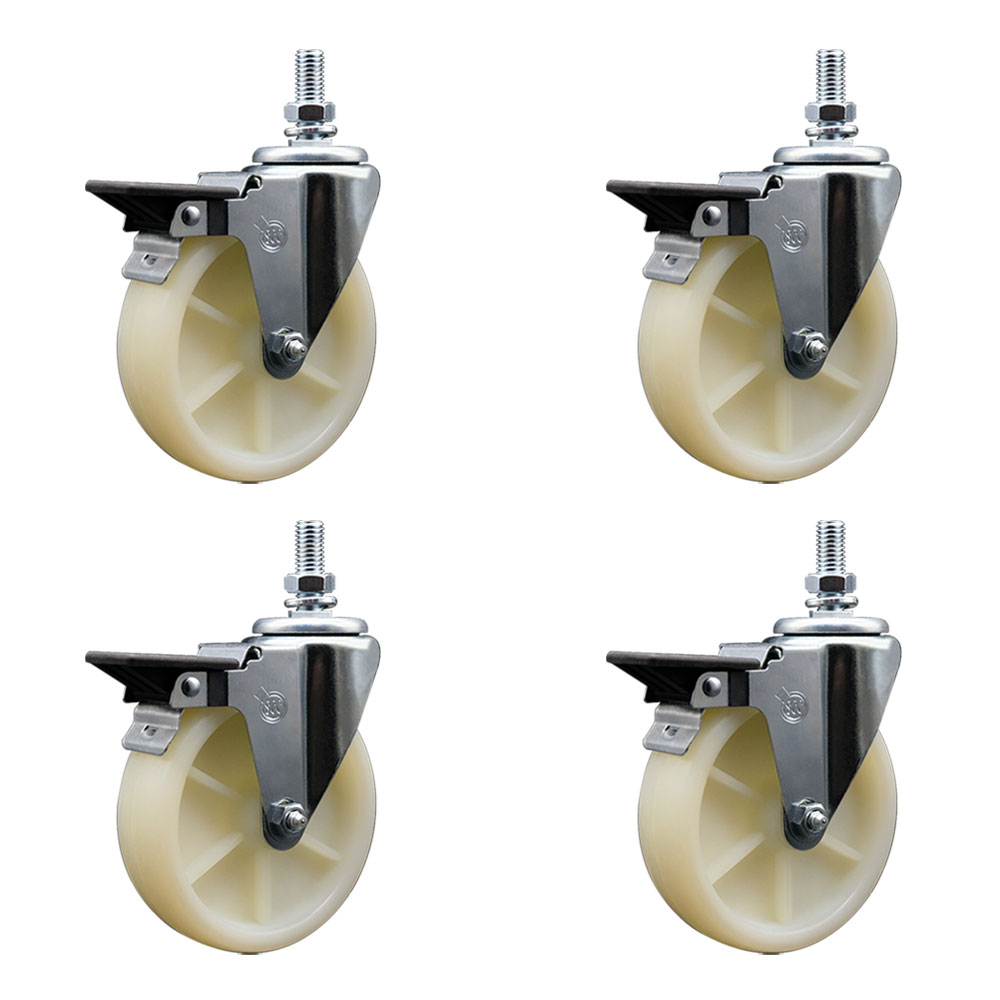 Nylon Swivel Threaded Stem Caster Set of 4 w/5" x 1.25" White Wheels and 1/2" Stems - Includes 4 with Posi Lock Brakes - 1200 lbs Total Capacity - Service Caster Brand — photo 1