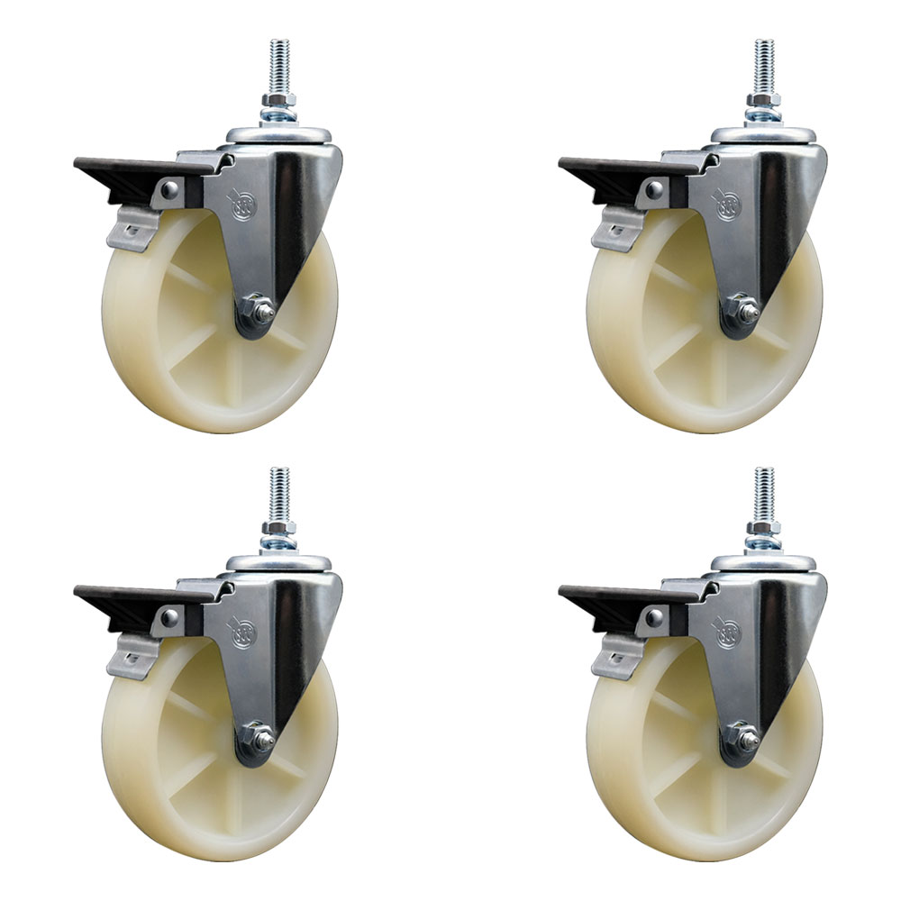 Nylon Swivel Threaded Stem Caster Set of 4 w/5" x 1.25" White Wheels and 3/8" Stems - Includes 4 with Posi Lock Brakes - 1200 lbs Total Capacity - Service Caster Brand — photo 1