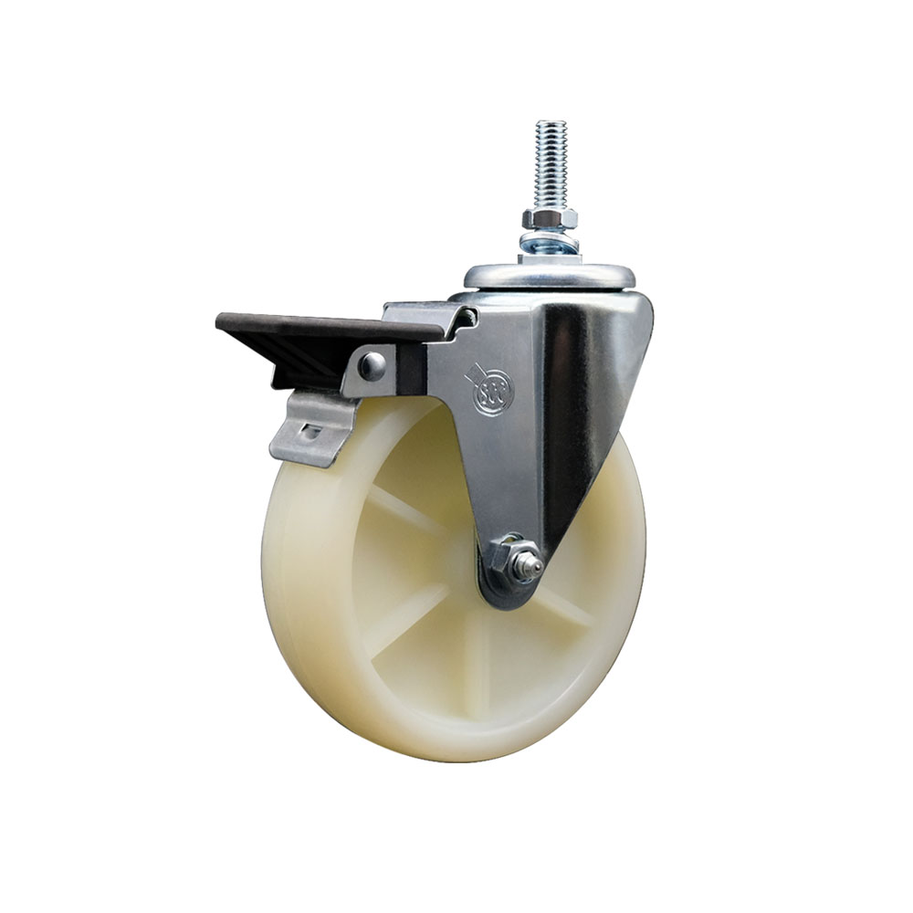 Nylon Swivel Threaded Stem Caster w/5" x 1.25" White Wheel and 3/8" Stem & Posi Locking Brake - 300 lbs Capacity/Caster - Service Caster Brand — photo 1