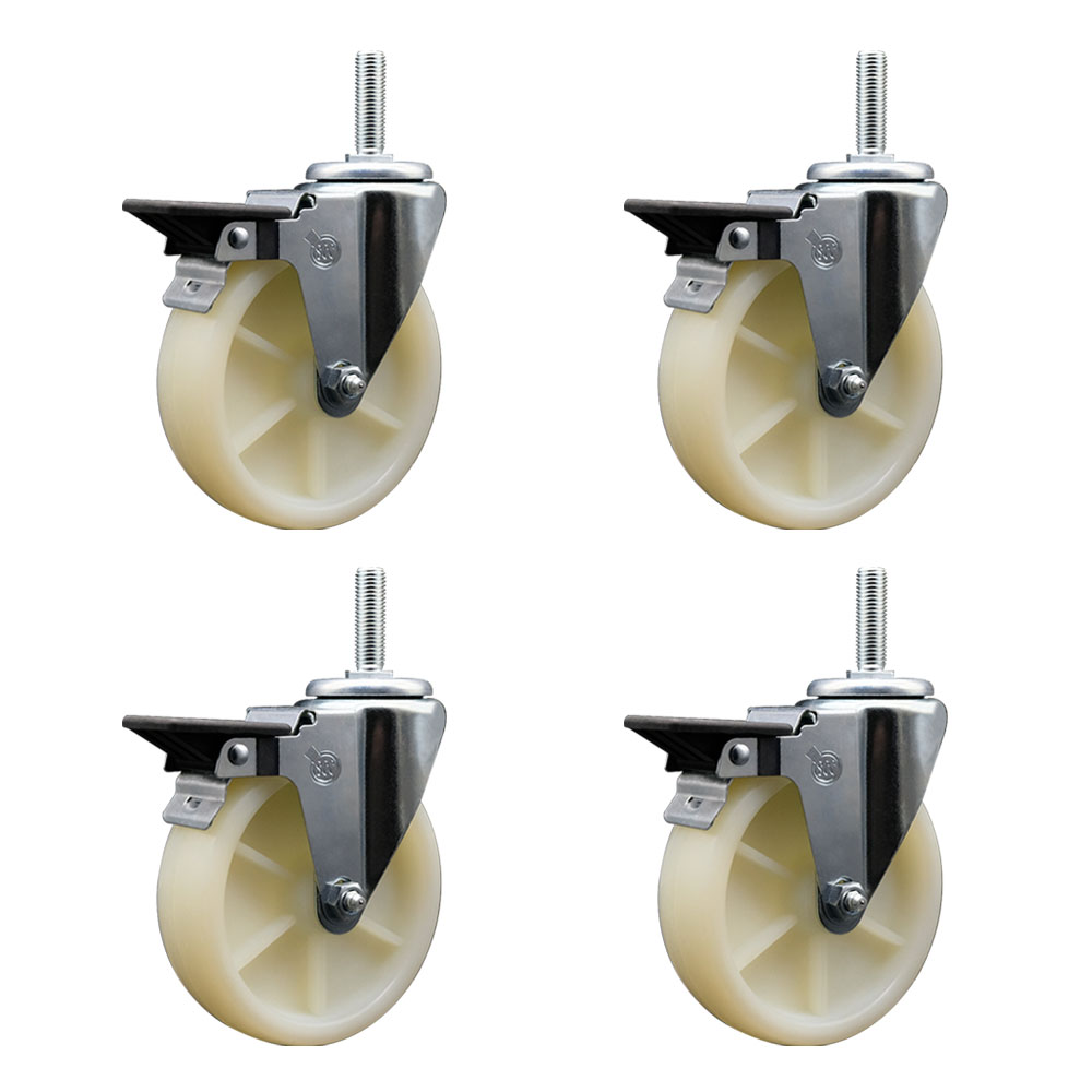 Nylon Swivel Threaded Stem Caster Set of 4 w/5" x 1.25" White Wheels and 5/8" Stems - Includes 4 with Posi Lock Brakes - 1200 lbs Total Capacity - Service Caster Brand — photo 1