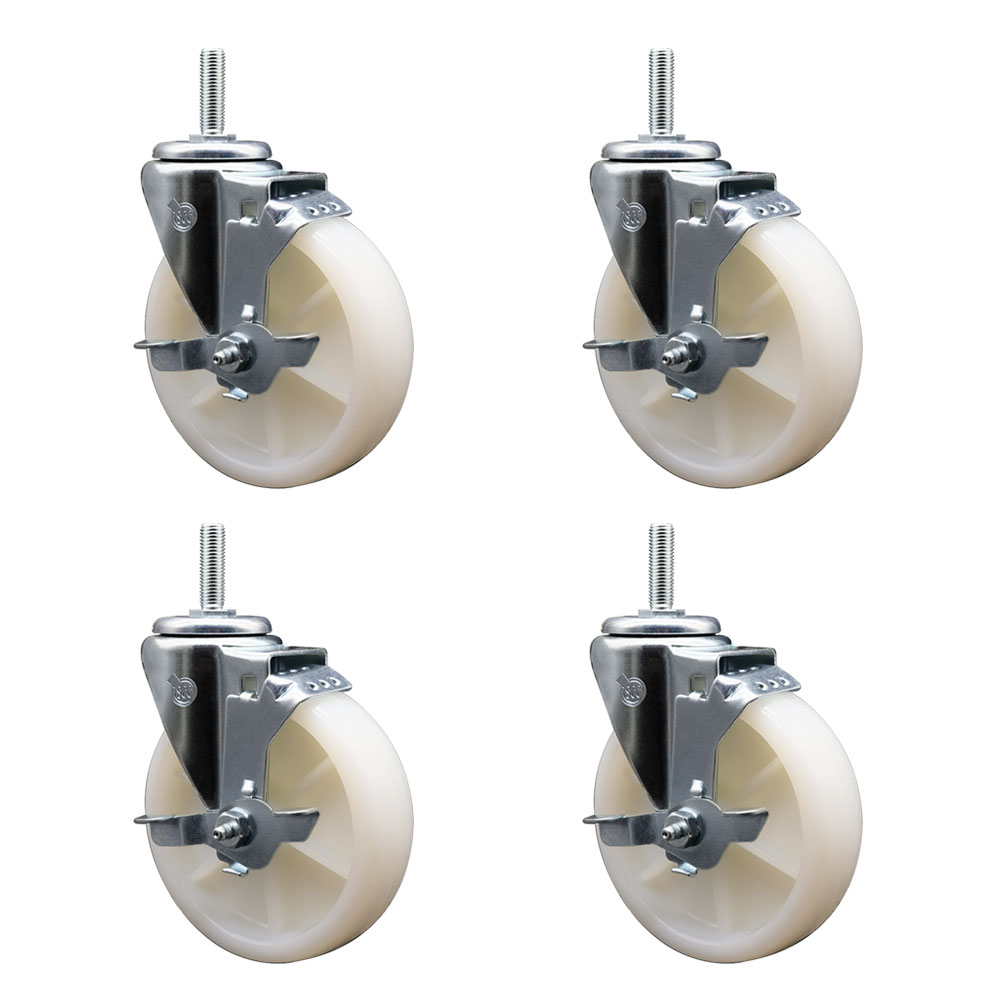 Nylon Swivel Threaded Stem Caster Set of 4 w/5" x 1.25" White Wheels and 5/8" Stems - Includes 4 with Top Lock Brakes - 1200 lbs Total Capacity - Service Caster Brand — photo 1