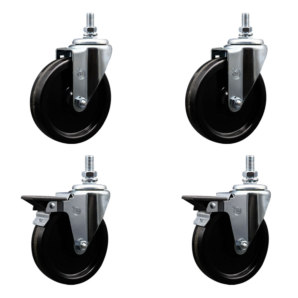 Phenolic Swivel Threaded Stem Caster Set of 4 w/5" x 1.25" Black Wheels and 1/2" Stems - Includes 2 with Posi Locking Brake - 1200 lbs Total Capacity - Service Caster Brand — photo 1