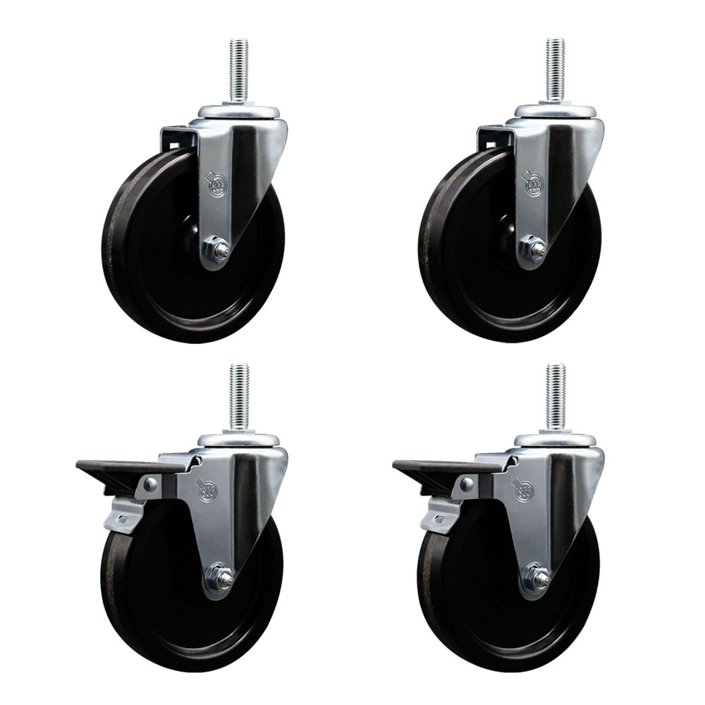 Phenolic Swivel Threaded Stem Caster Set of 4 w/5" x 1.25" Black Wheels and 3/4" Stems - Includes 2 with Posi Locking Brake - 1200 lbs Total Capacity - Service Caster Brand — photo 1