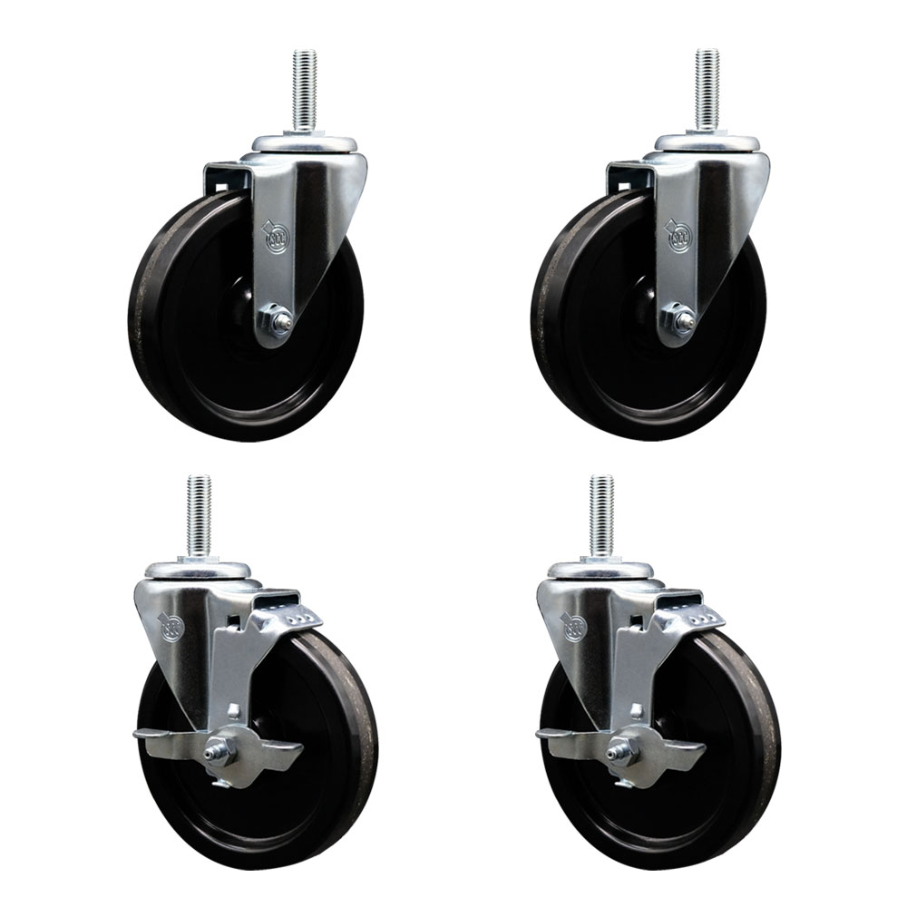 Phenolic Swivel Threaded Stem Caster Set of 4 w/5" x 1.25" Black Wheels and 3/4" Stems - Includes 2 with Top Locking Brake - 1200 lbs Total Capacity - Service Caster Brand — photo 1