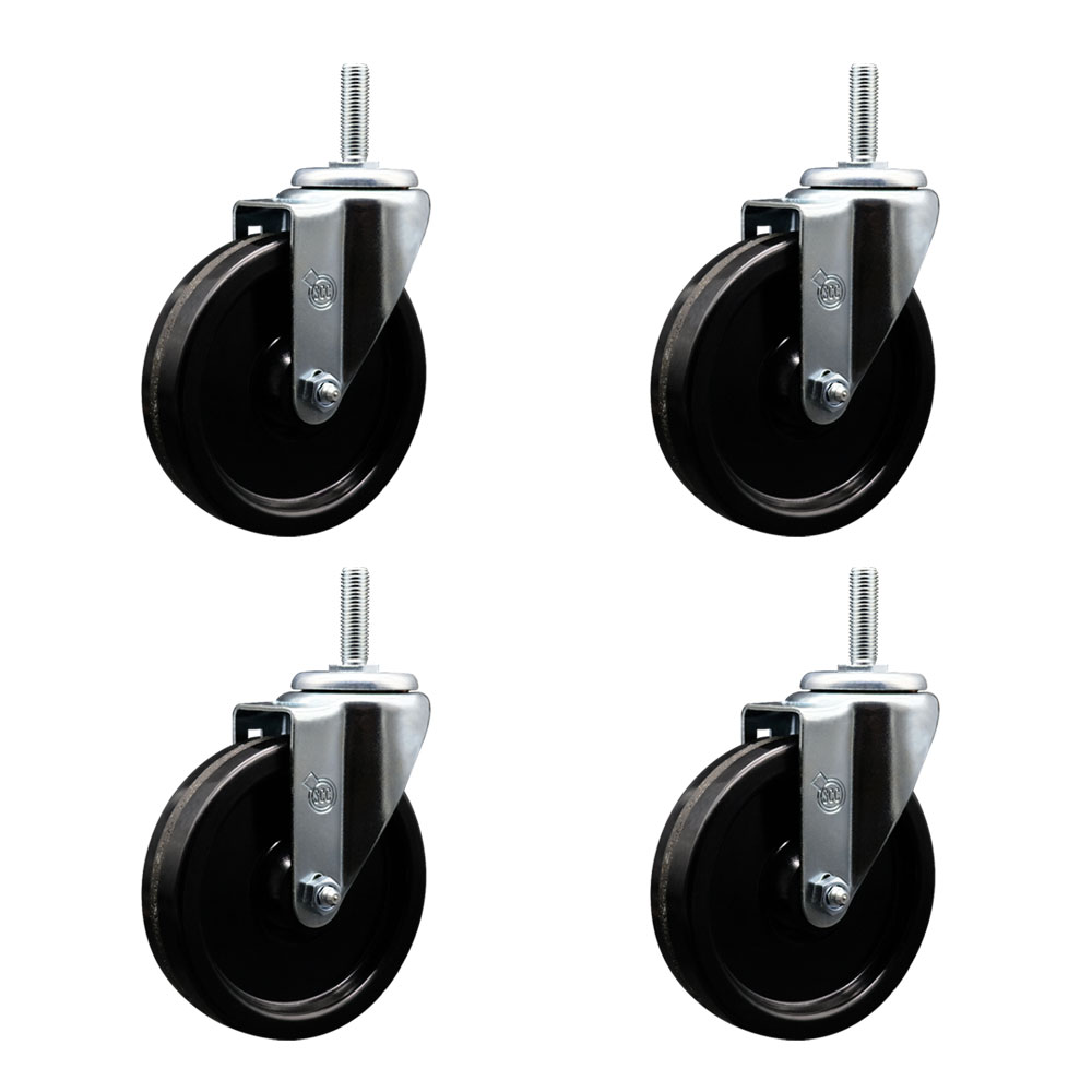 Phenolic Swivel Threaded Stem Caster Set of 4 w/5" x 1.25" Black Wheels and 3/4" Stems - Includes 4 Swivel - 1200 lbs Total Capacity - Service Caster Brand — photo 1