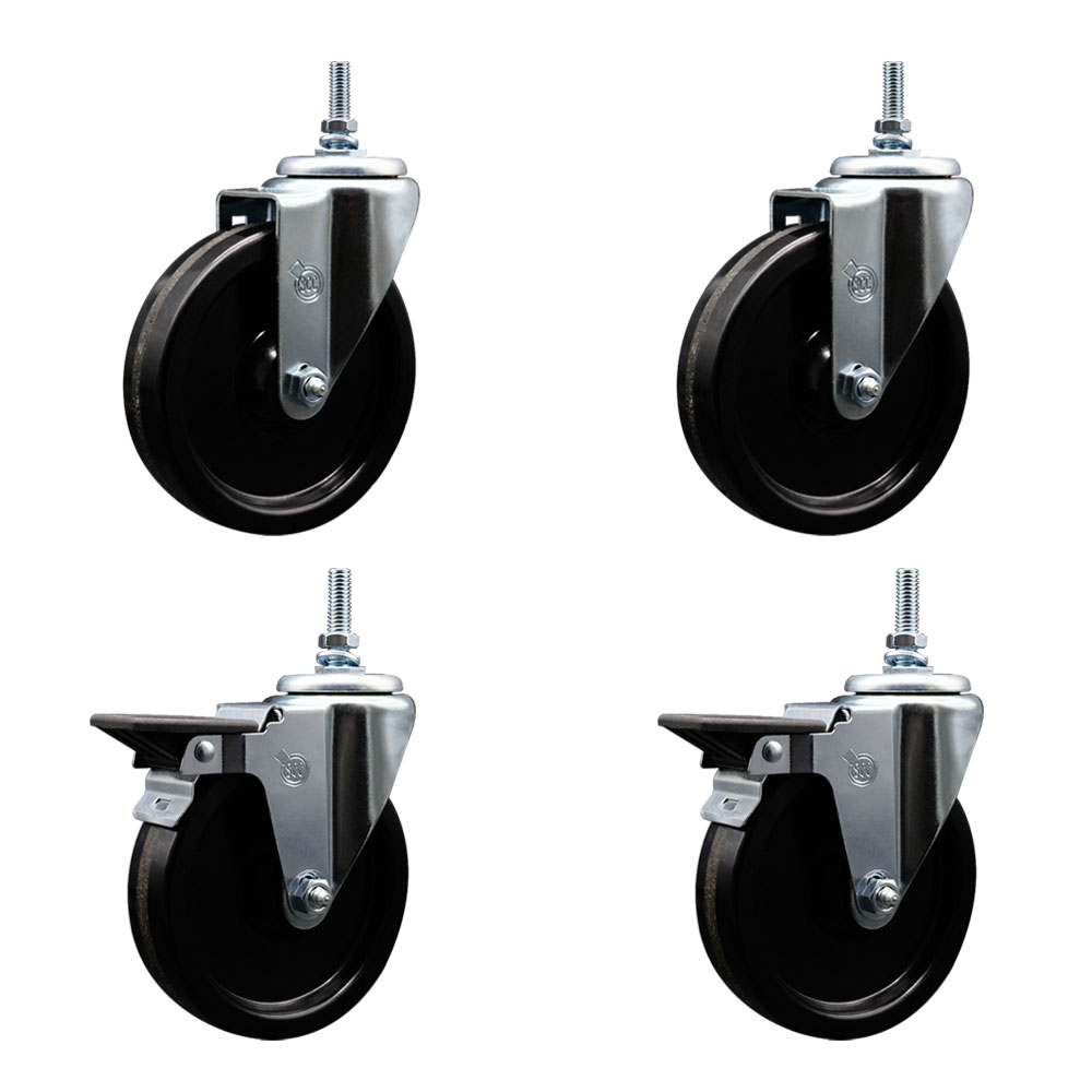 Phenolic Swivel Threaded Stem Caster Set of 4 w/5" x 1.25" Black Wheels and 12MM Stems - Includes 2 with Posi Locking Brake - 1200 lbs Total Capacity - Service Caster Brand — photo 1