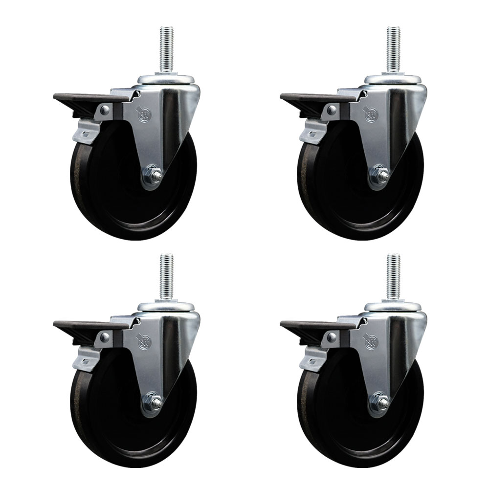 Phenolic Swivel Threaded Stem Caster Set of 4 w/5" x 1.25" Black Wheels and 5/8" Stems - Includes 4 with Posi Lock Brakes - 1200 lbs Total Capacity - Service Caster Brand — photo 1