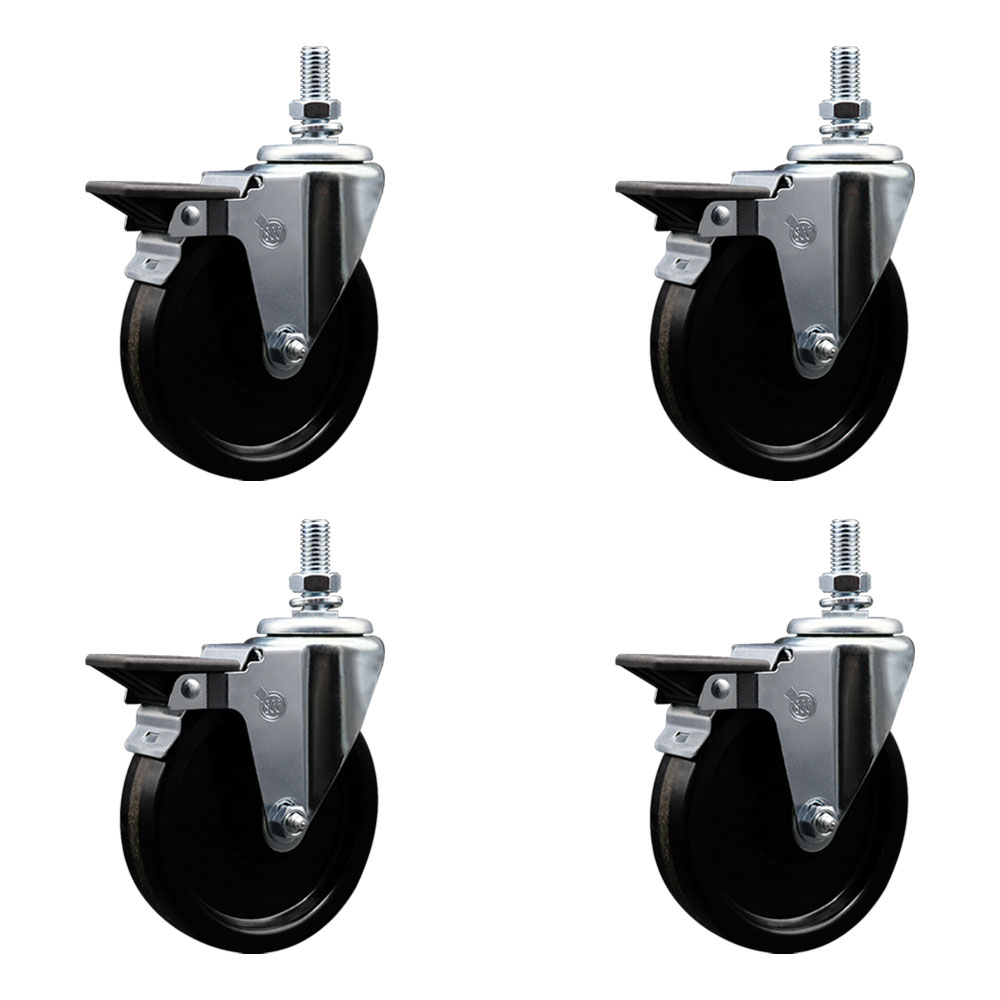 Phenolic Swivel Threaded Stem Caster Set of 4 w/5" x 1.25" Black Wheels and 10MM Stems - Includes 4 with Posi Lock Brakes - 1200 lbs Total Capacity - Service Caster Brand — photo 1