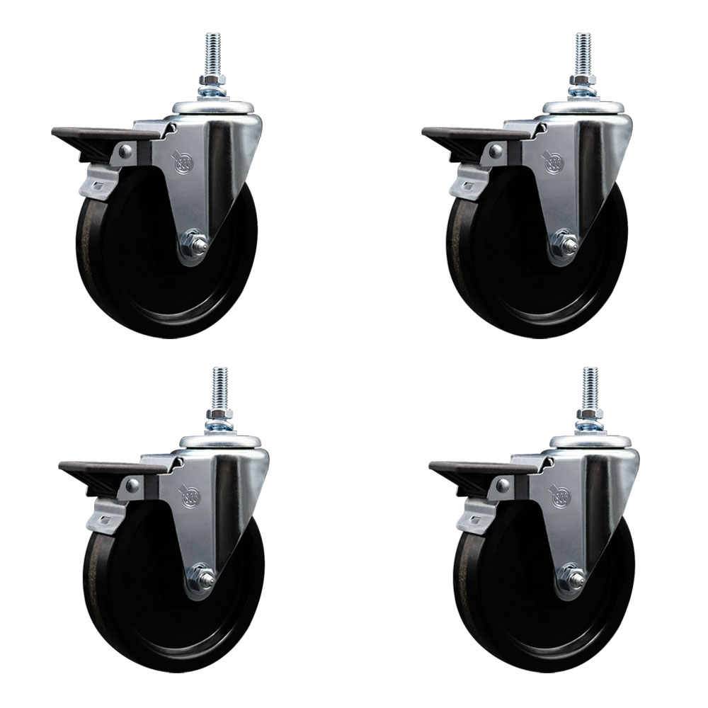 Phenolic Swivel Threaded Stem Caster Set of 4 w/5" x 1.25" Black Wheels and 12MM Stems - Includes 4 with Posi Lock Brakes - 1200 lbs Total Capacity - Service Caster Brand — photo 1