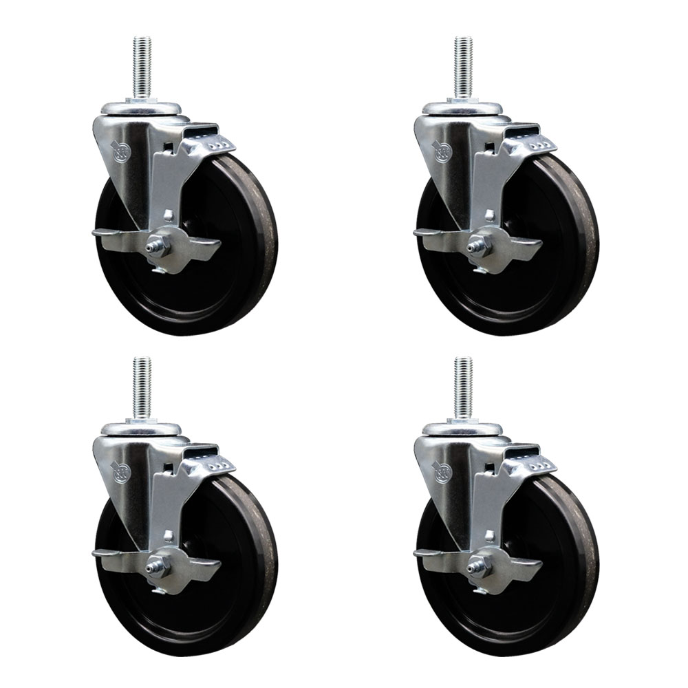 Phenolic Swivel Threaded Stem Caster Set of 4 w/5" x 1.25" Black Wheels and 3/4" Stems - Includes 4 with Top Lock Brakes - 1200 lbs Total Capacity - Service Caster Brand — photo 1