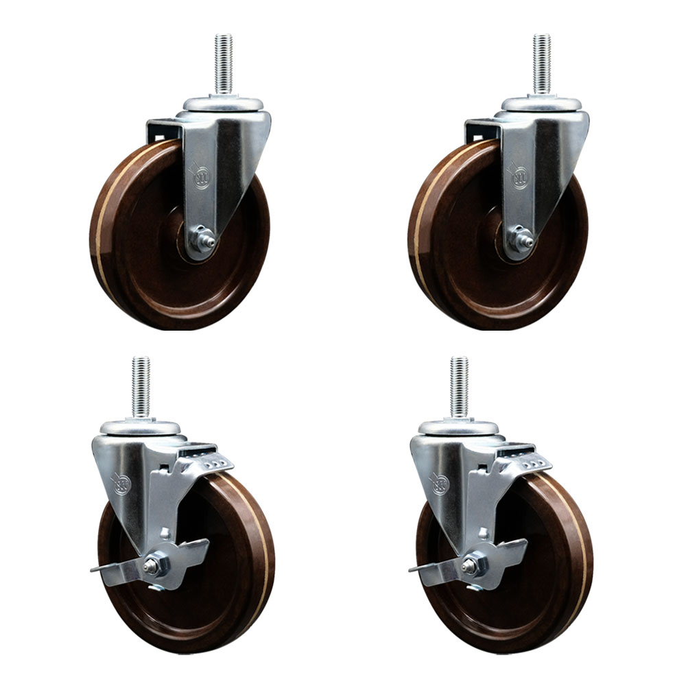 High Temp Phenolic Swivel Threaded Stem Caster Set of 4 w/5" x 1.25" Brown Wheels and 5/8" Stems - Includes 2 with Top Locking Brake - 1200 lbs Total Capacity - Service Caster Brand — photo 1