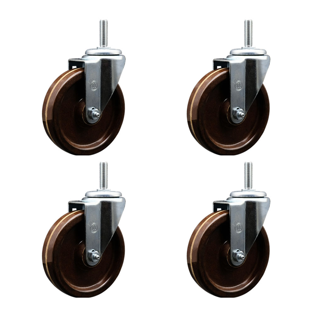High Temp Phenolic Swivel Threaded Stem Caster Set of 4 w/5" x 1.25" Brown Wheels and 5/8" Stems - Includes 4 Swivel - 1200 lbs Total Capacity - Service Caster Brand — photo 1