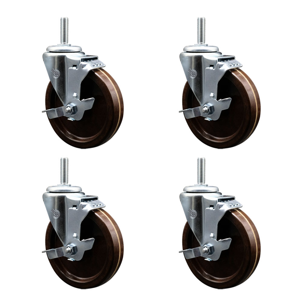 High Temp Phenolic Swivel Threaded Stem Caster Set of 4 w/5" x 1.25" Brown Wheels and 3/4" Stems - Includes 4 with Top Lock Brakes - 1200 lbs Total Capacity - Service Caster Brand — photo 1