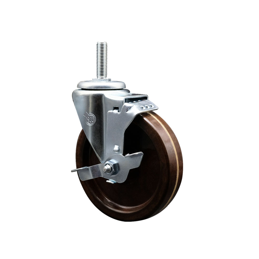 High Temp Phenolic Swivel Threaded Stem Caster w/5" x 1.25" Brown Wheel and 3/4" Stem & Top Locking Brake - 300 lbs Capacity/Caster - Service Caster Brand — photo 1