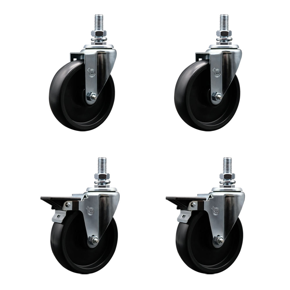 Polyolefin Swivel Threaded Stem Caster Wheels Set of 4 with 5 Inch Black Wheels and 12mm Stems - Includes 2 with Posi Lock Brakes - 1400 lbs. Total Capacity - Service Caster Brand — photo 1