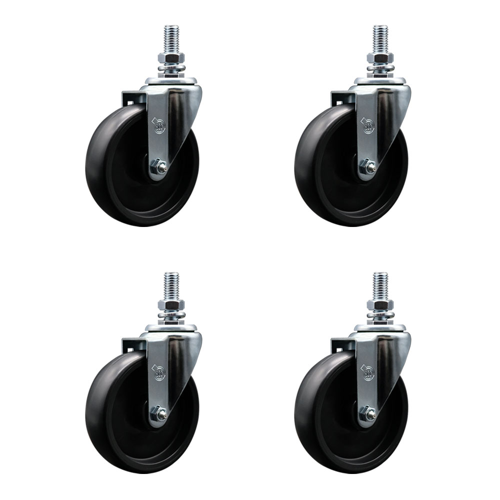 Polyolefin Swivel Threaded Stem Caster Wheels Set of 4 with 5 Inch Black Wheels and 1/2" Stems - Includes 4 Swivel - 1400 lbs. Total Capacity - Service Caster Brand — photo 1